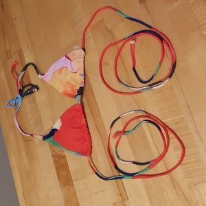 Multicolor Bikini Top Orange Pink Red Green Blue Splotchy Super Long Straps